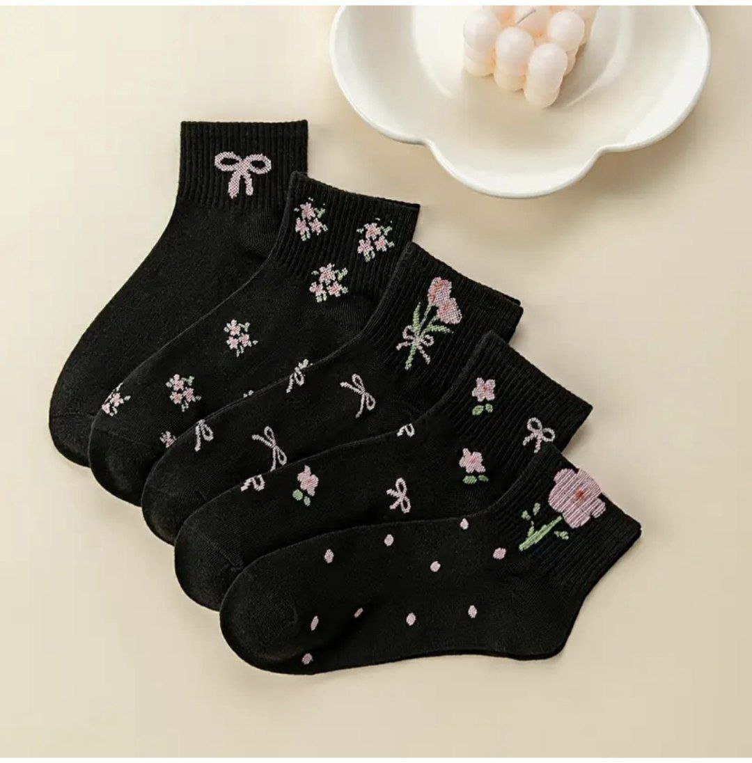 جوراب مچی زنانه طرح گل و پاپیون مشکی