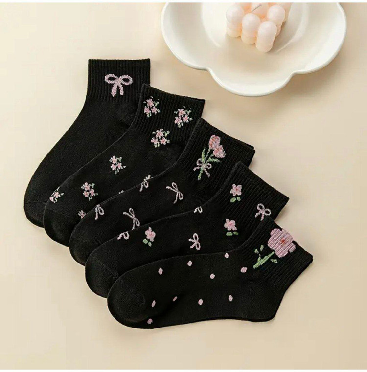 جوراب مچی زنانه طرح گل و پاپیون مشکی