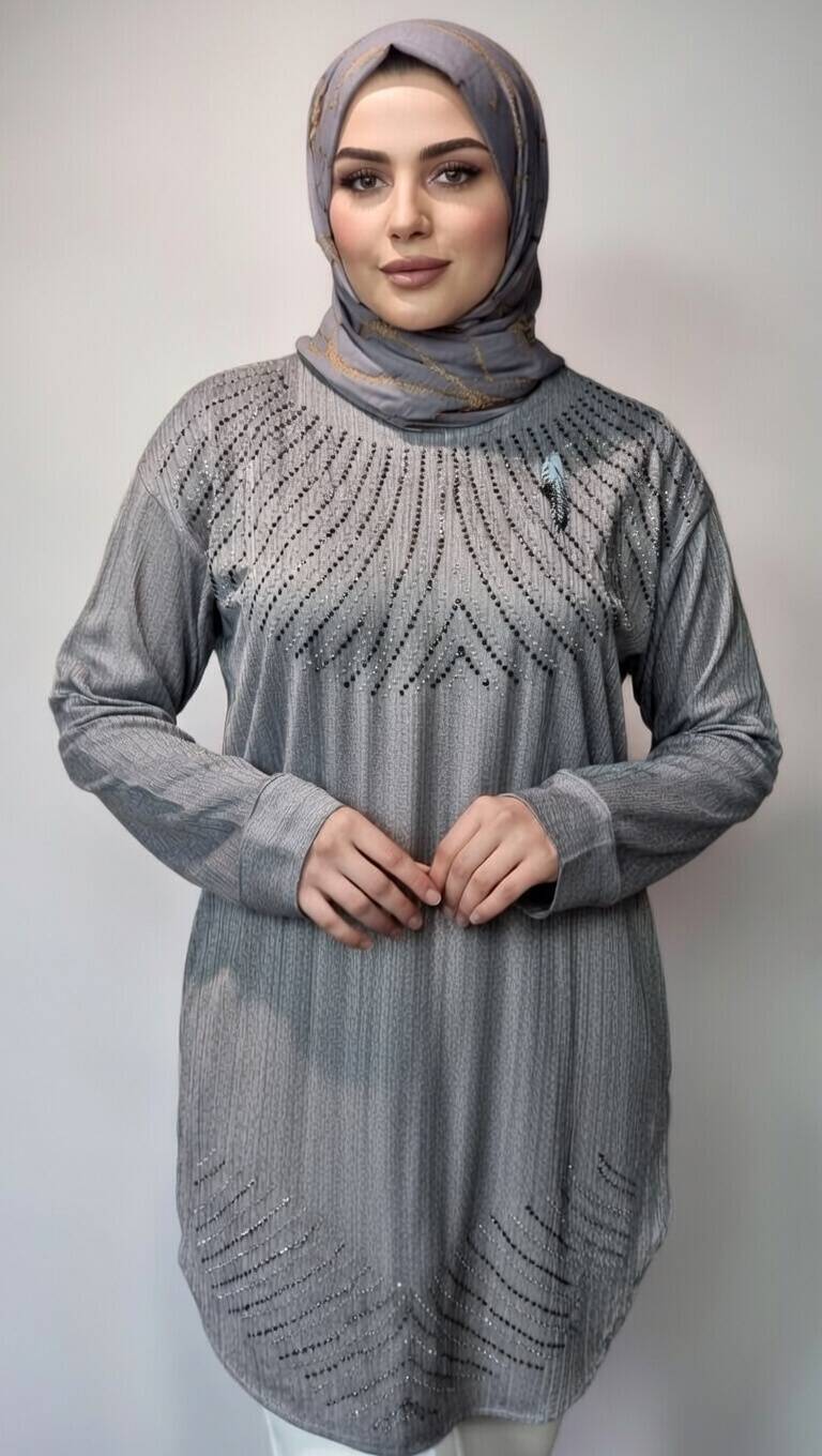 تونیک نگین دار کریشه رنگ طوسی