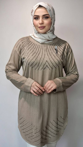 تونیک نگین دار کریشه رنگ کرم