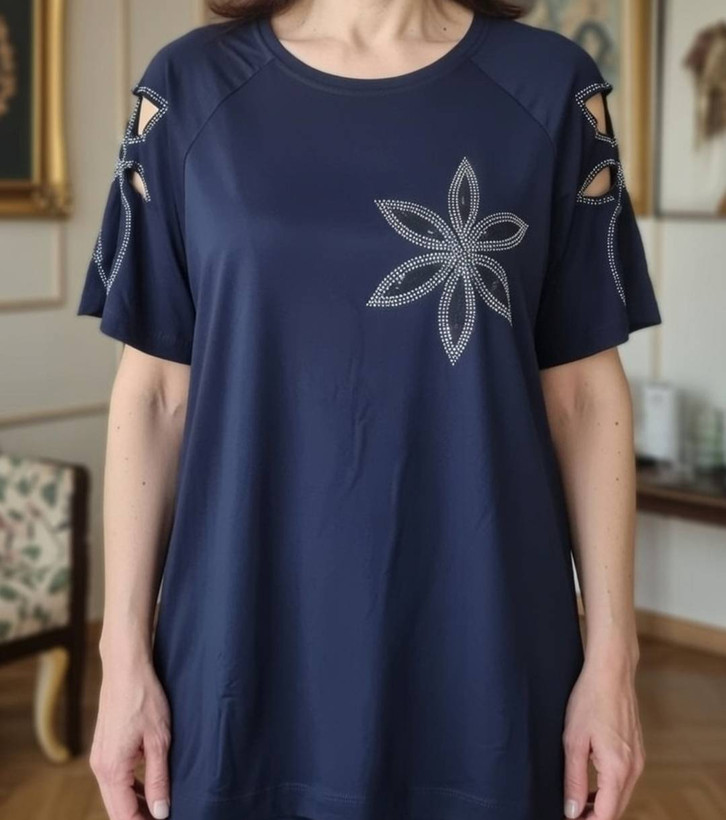 تیشرت زنانه نگین دار آستین گل لیزری رنگ سرمه ایی