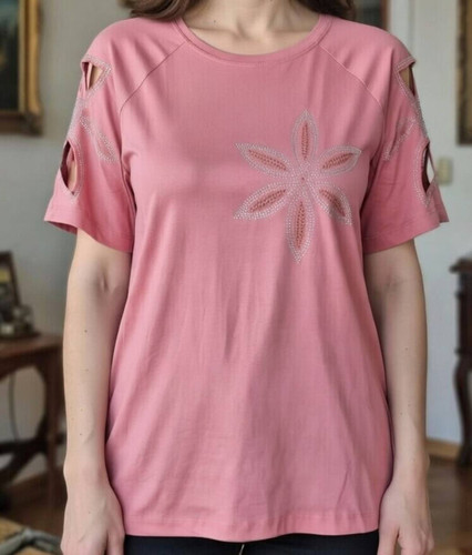 تیشرت زنانه نگین دار آستین گل لیزری رنگ صورتی