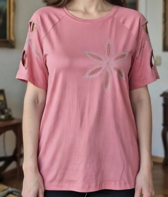 تیشرت زنانه نگین دار آستین گل لیزری رنگ صورتی
