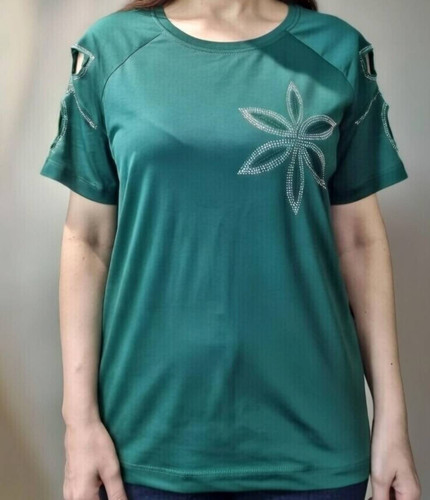 تیشرت زنانه نگین دار آستین گل لیزری رنگ کله غازی